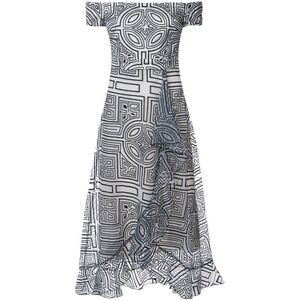 Nicole Miller Collection ivory black geo embroidered off shoulder midi dress